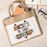 Bolsa de yute grande personalizada con nombre y bolsillo de algodón para el Día del Profesor Regalo de agradecimiento para el profesor