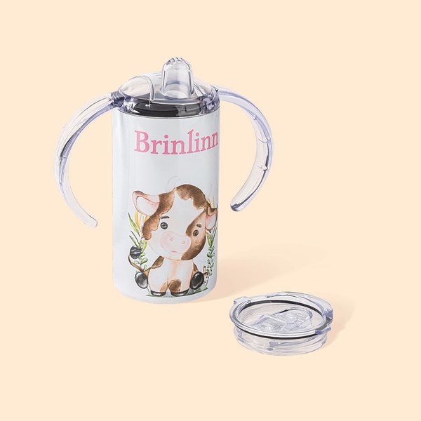 Personalised Farm Cow 12oz Food-Grade Stainless Steel Sippy Cup with Name and Dual Lid Birthday Gift for Toddler Kid