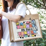 Bolsa de yute grande personalizada con nombre y bolsillo de algodón para el Día del Profesor Regalo de agradecimiento para el profesor