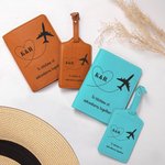Personalized Airplane Heart Route Leather Passport Holder Luggage Tag Set with Initials Birthday Honeymoon Gift for Couple Travel Lover