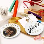 Personalized He Asked She Said Yes Round Ceramic Ornament with Text and Photo Engagement Wedding Gift for Couple