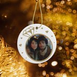 Personalized He Asked She Said Yes Round Ceramic Ornament with Text and Photo Engagement Wedding Gift for Couple