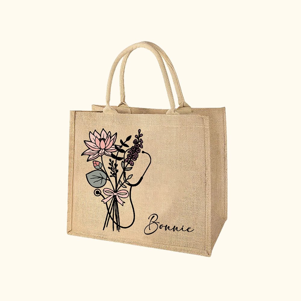 Sac Tote en Toile de Jute Personnalisé avec Nom et Fleur de Naissance Motif Stéthoscope Cadeau Fin d'Études pour Étudiant en Médecine Infirmier