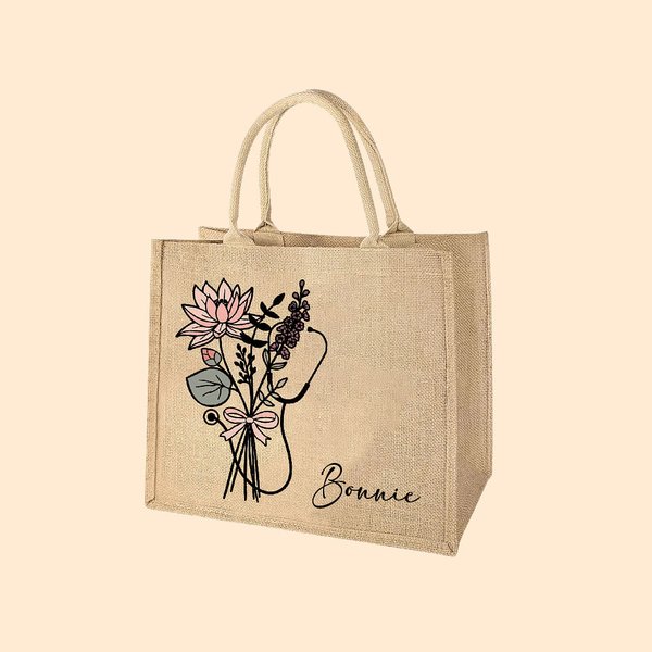 Sac Tote en Toile de Jute Personnalisé avec Nom et Fleur de Naissance Motif Stéthoscope Cadeau Fin d'Études pour Étudiant en Médecine Infirmier