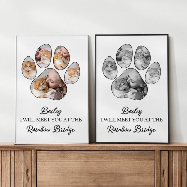 Personalized Meet You at the Rainbow Bridge Canvas Painting Wall Art with Pet Paw 5 Photos Collage and Name Memorial Gift for Pet Lovers Loss of Pet