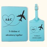 Personalized Airplane Heart Route Leather Passport Holder Luggage Tag Set with Initials Birthday Honeymoon Gift for Couple Travel Lover