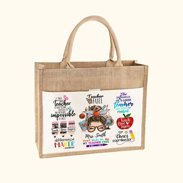 Bolsa de yute grande personalizada con nombre y bolsillo de algodón para el Día del Profesor Regalo de agradecimiento para el profesor