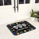 Personalized Mexican Floral Sugar Skull Doormat with Name Non-slip Home Decor Day of the Dead Housewarming Gift for Family Friend