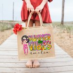 Personalized Cute Cartoon Girl Summer Vibes Jute Tote Bag with Name Holiday Beach Party Birthday Gift for Women