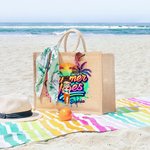Personalised Cartoon Woman Coconut Tree Summer Vibes Jute Tote Bag with Name Holiday Beach Travel Essentials Gift for Woman