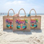 Personalised Colourful Summer Vibes Coconut Tree Cartoon Large Capacity Jute Tote Bag with Name Holiday Beach Party Gift for Women Girls
