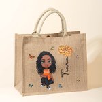 Personalised Cute Cartoon Character Large Capacity Jute Tote Bag with Birth Flower and Name Mother's Day Birthday Gift for Women Girls