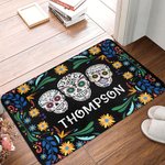 Personalized Mexican Floral Sugar Skull Doormat with Name Non-slip Home Decor Day of the Dead Housewarming Gift for Family Friend