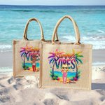 Personalised Colourful Summer Vibes Coconut Tree Cartoon Large Capacity Jute Tote Bag with Name Holiday Beach Party Gift for Women Girls