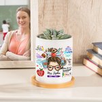 Personalized Cute Cartoon Pencil Apple Teach Love Inspire Ceramic Plant Pot with Name and Bamboo Base Appreciation Back to School Gift for Teacher