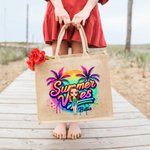 Personalised Cartoon Woman Coconut Tree Summer Vibes Jute Tote Bag with Name Holiday Beach Travel Essentials Gift for Woman
