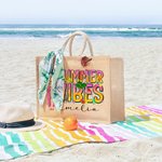Personalized Cute Cartoon Girl Summer Vibes Jute Tote Bag with Name Holiday Beach Party Birthday Gift for Women