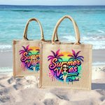 Personalised Cartoon Woman Coconut Tree Summer Vibes Jute Tote Bag with Name Holiday Beach Travel Essentials Gift for Woman