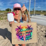 Personalised Cartoon Woman Coconut Tree Summer Vibes Jute Tote Bag with Name Holiday Beach Travel Essentials Gift for Woman