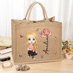 Sac en Jute Personnalisé avec Dessin Femme Fleur de Naissance Nom Style Fermeture Éclair Magnétique Optionnelle Cadeau Anniversaire pour Femme Fille