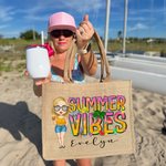 Personalized Cute Cartoon Girl Summer Vibes Jute Tote Bag with Name Holiday Beach Party Birthday Gift for Women