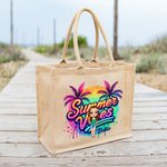 Personalised Cartoon Woman Coconut Tree Summer Vibes Jute Tote Bag with Name Holiday Beach Travel Essentials Gift for Woman
