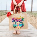 Personalised Colourful Summer Vibes Coconut Tree Cartoon Large Capacity Jute Tote Bag with Name Holiday Beach Party Gift for Women Girls