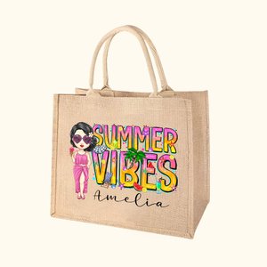 Personalized Cute Cartoon Girl Summer Vibes Jute Tote Bag with Name Holiday Beach Party Birthday Gift for Women