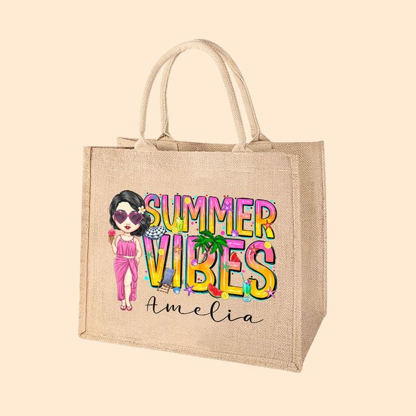 Personalised Cute Cartoon Girl Summer Vibes Jute Tote Bag with Name Holiday Beach Party Birthday Gift for Women