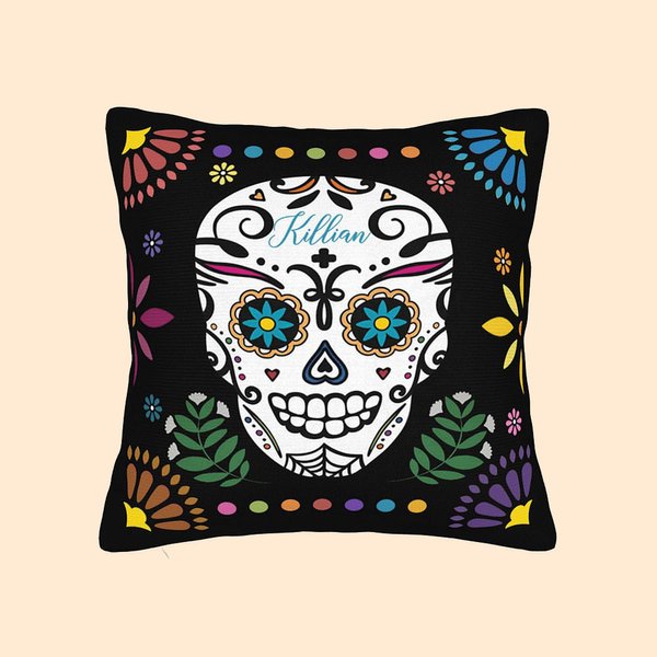 Mexican Floral Sugar Skull Throw Pillow Cover Embroidered Name