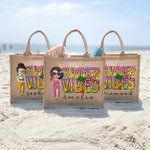 Personalized Cute Cartoon Girl Summer Vibes Jute Tote Bag with Name Holiday Beach Party Birthday Gift for Women