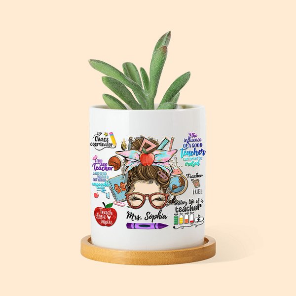 Maceta de cerámica con nombre y base de bambú Personalizada Lápiz de dibujos animados Manzana Enseñar Amar Inspirar Regalo de vuelta al cole para un p