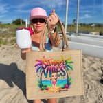 Personalised Colourful Summer Vibes Coconut Tree Cartoon Large Capacity Jute Tote Bag with Name Holiday Beach Party Gift for Women Girls