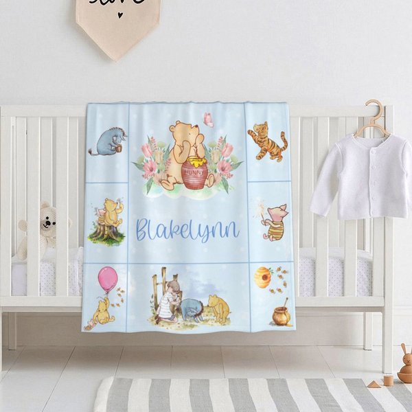 Personalized Classic Winnie the Pooh Soft and Warm Throw Blanket with Name Christmas Baby Shower Children's Day Gift for Baby Kids
