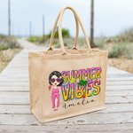 Personalized Cute Cartoon Girl Summer Vibes Jute Tote Bag with Name Holiday Beach Party Birthday Gift for Women