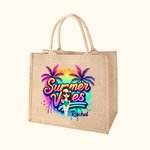 Personalised Cartoon Woman Coconut Tree Summer Vibes Jute Tote Bag with Name Holiday Beach Travel Essentials Gift for Woman