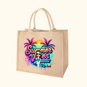 Personalizzato Cartoon Donna Coconut Tree Summer Vibes Borsa Tote in iuta con nome Holiday Beach Travel Essentials Regalo per donna