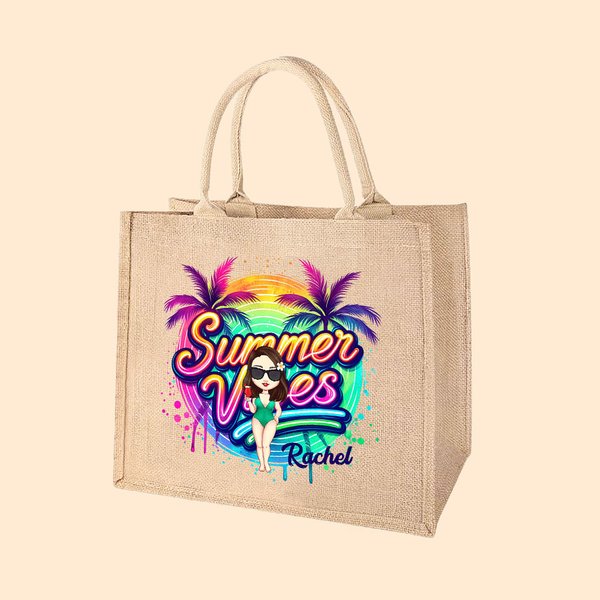 Personalizado Dibujos animados Mujer Cocotero Verano Vibes Bolsa de yute con nombre Vacaciones Playa Viaje Esenciales Regalo para Mujer