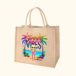 Personalised Colourful Summer Vibes Coconut Tree Cartoon Large Capacity Jute Tote Bag with Name Holiday Beach Party Gift for Women Girls