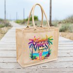 Personalised Colourful Summer Vibes Coconut Tree Cartoon Large Capacity Jute Tote Bag with Name Holiday Beach Party Gift for Women Girls