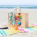Personalised Colourful Summer Vibes Coconut Tree Cartoon Large Capacity Jute Tote Bag with Name Holiday Beach Party Gift for Women Girls
