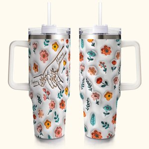 Personalised Mom And Kids Hand In Hand 3D Flowers 40oz Insulated Tumbler with Names and Straw Mother's Day Gift for Mom Grandma