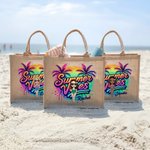 Personalised Cartoon Woman Coconut Tree Summer Vibes Jute Tote Bag with Name Holiday Beach Travel Essentials Gift for Woman
