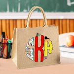 Personalized Doodle Apple Pencil Monogram Jute Tote Bag Teacher's Day Appreciation Gift for Teacher