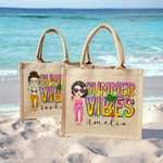 Personalized Cute Cartoon Girl Summer Vibes Jute Tote Bag with Name Holiday Beach Party Birthday Gift for Women