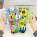 Personalised Colourful Composition Book Apple Crayon 40oz Insulated Tumbler with Name and Straw Back to School Appreciation Gift for Teacher