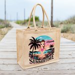 Personalized Cute Cartoon Woman Resort Summer Time Coconut Tree Jute Tote Bag with Name Holiday Travel Beach Party Gift for Her