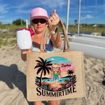 Personalized Cute Cartoon Woman Resort Summer Time Coconut Tree Jute Tote Bag with Name Holiday Travel Beach Party Gift for Her