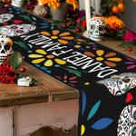 Personalized Mexican Floral Sugar Skull Table Runner with Text and Tassels Gothic Festival Decoration Day of the Dead Gift for Family
