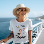 Personalised Hello Summer Palm Tree Cartoon 100% Cotton T-Shirt with Birth Flower and Name Holiday Beach Party Birthday Gift for Women Men